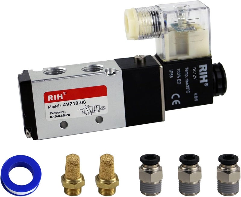 RH Pneumatics Solenoid Valve 4V210-08 12V/24V/110V Series Single Coil Pilot-Operated Electric 2 Position 5 Way Connection Type (DC12V/Junction Box, 1/4"NPT) - Image 1